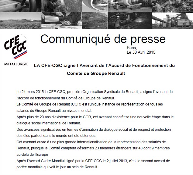 LA CFE-CGC signe l’Avenant de l’Accord de Fonctionnement du Comité de Groupe Renault