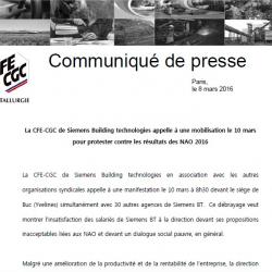 La CFE-CGC de Siemens Building technologies appelle à une mobilisation le 10 mars pour protester contre les résultats des NAO 2016