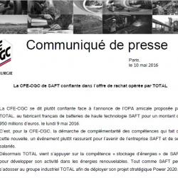 La CFE-CGC de SAFT confiante dans l’offre de rachat opérée par TOTAL