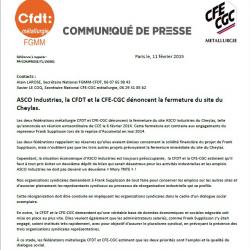 Intersyndicale Asco Industries : ASCO Industries, la CFDT et la CFE-CGC dénoncent la fermeture du site du Cheylas