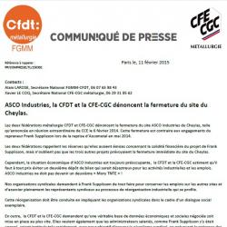 Asco Industries, la CFDT et la CFE-CGC dénoncent la fermeture du site de Cheylas