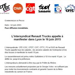 La CFE-CGC de Renault Trucks, filiale du groupe AB Volvo, appelle les salariés à se mettre en grève le 9 juin 2015