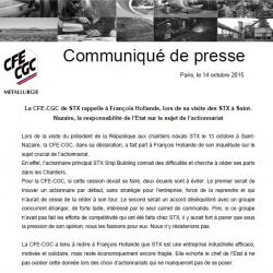 La CFE-CGC de STX rappelle à François Hollande, lors de sa visite des STX à Saint- Nazaire, la responsabilité de l’Etat sur le sujet de l’actionnariat
