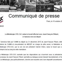 La Métallurgie CFE-CGC salue le travail effectué avec Jean-François PIlliard, à l’annonce de son départ