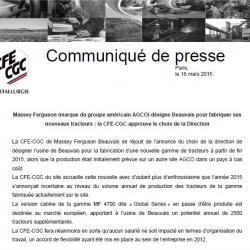 Massey Ferguson (marque du groupe américain AGCO) désigne Beauvais pour fabriquer ses nouveaux tracteurs : la CFE-CGC approuve le choix de la Direction