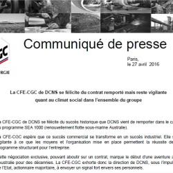 La CFE-CGC de DCNS se félicite du contrat remporté mais reste vigilante  quant au climat social dans l’ensemble du groupe
