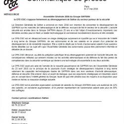 Assemblée Générale 2016 du Groupe SAFRAN : la CFE-CGC s’oppose fermement au désengagement de Safran du secteur porteur de la sécurité