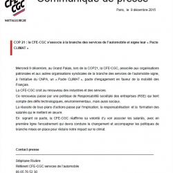 COP 21 : la CFE-CGC s’associe à la branche des services de l’automobile et signe leur « Pacte CLIMAT »